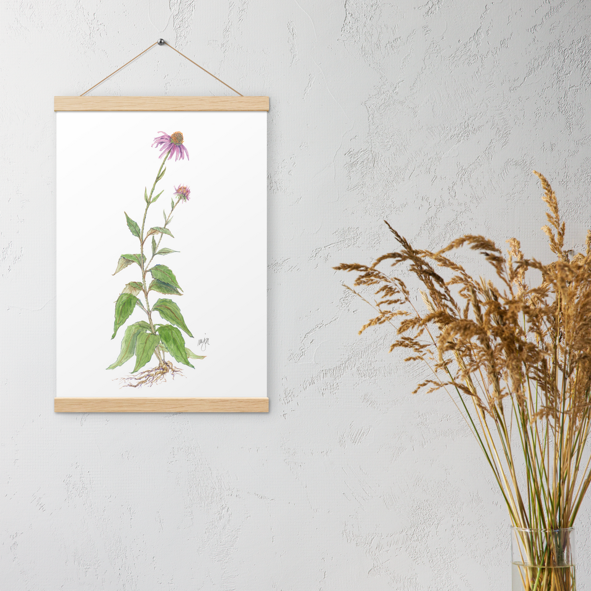 Coneflower Botanical Print with Magnetic Wooden Hangers 12x18 in