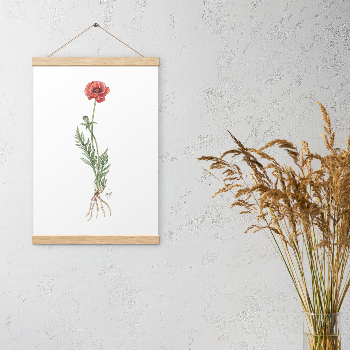 Poppy Botanical Print with Magnetic Wooden Hangers 12x18 in