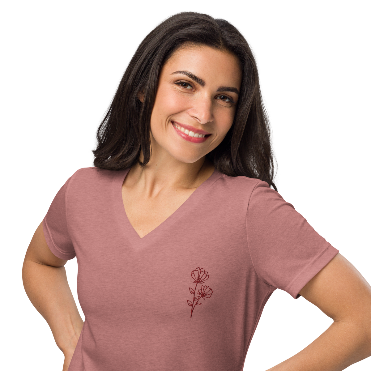 Floral Embroidered Women’s Relaxed V-Neck T-Shirt
