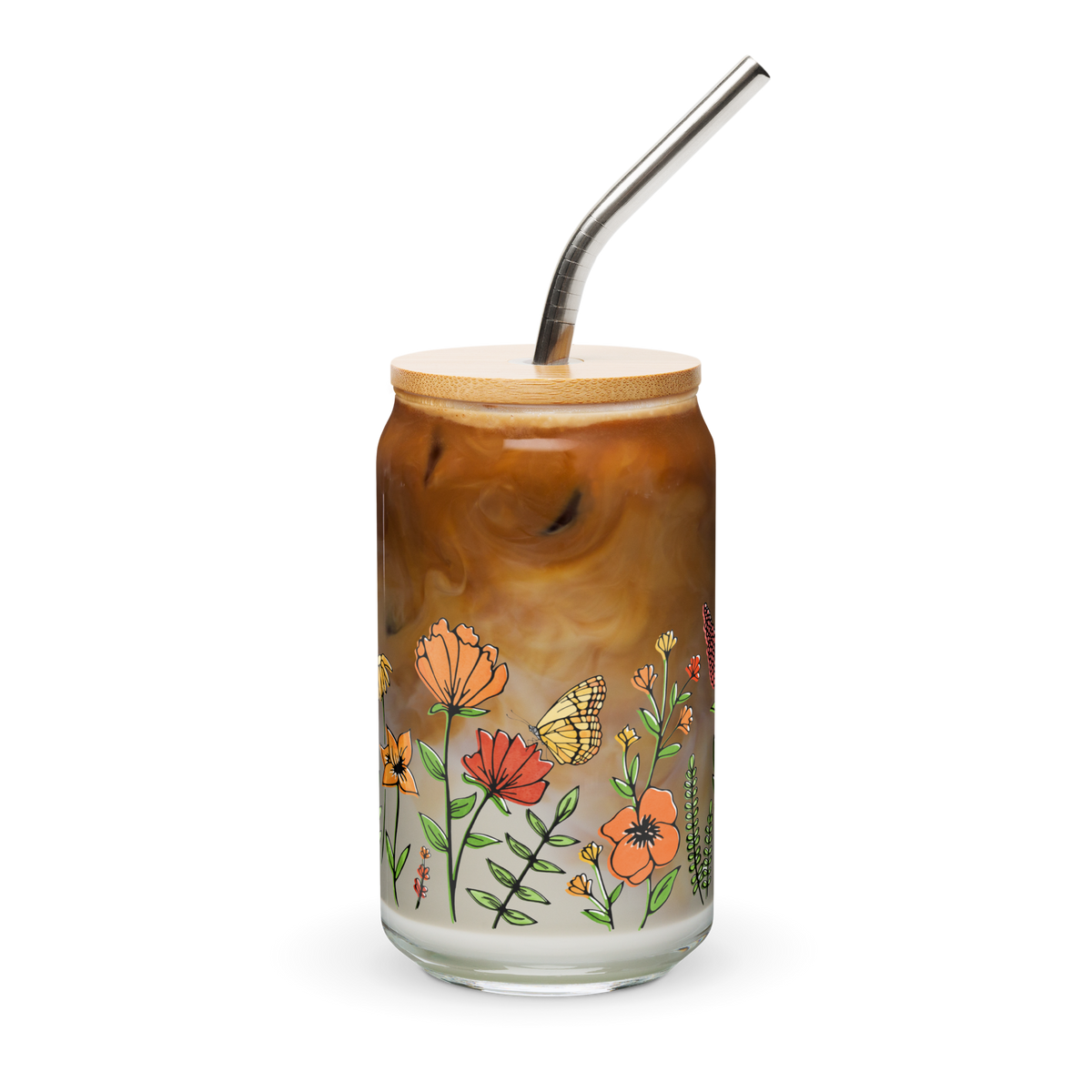 Floral Print Can-Shaped Glass with Reusable Lid & Straw