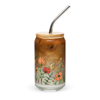 Floral Print Can-Shaped Glass with Reusable Lid & Straw