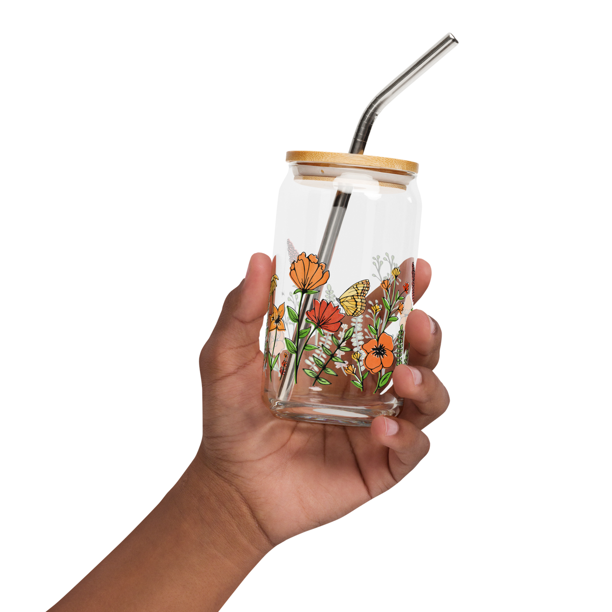Floral Print Can-Shaped Glass with Reusable Lid & Straw