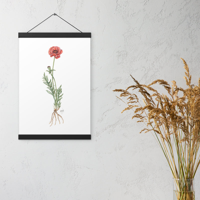 Poppy Botanical Print with Wooden Hangers